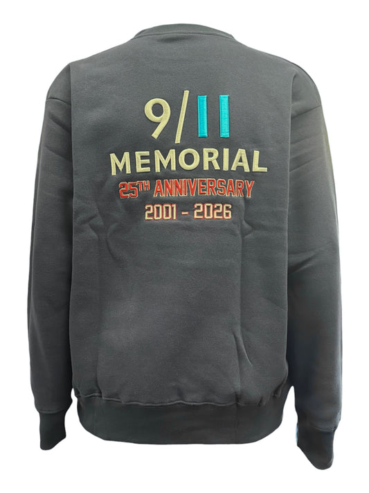 Back of a grey sweatshirt with 9 11 Memorial 25th Anniversary 2001-2026 embroidery