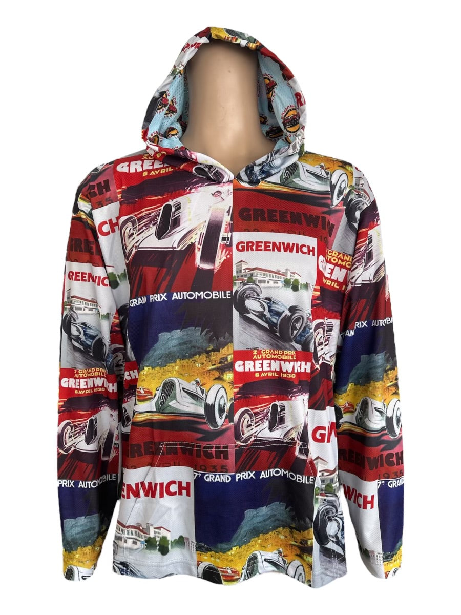 Long sleeve hoodie with vintage Grand Prix racing car print and Greenwich text on a multi colored background