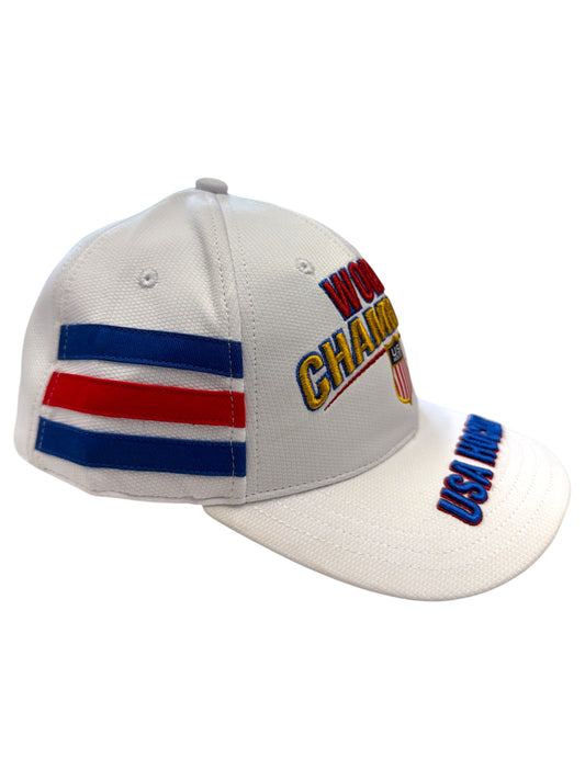 White USA Hockey World Champions baseball cap with red and blue side stripes