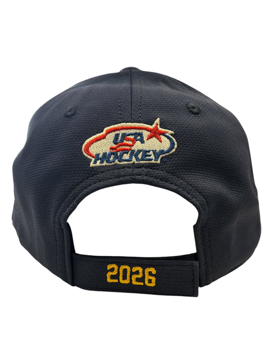 Back view of a black baseball cap with USA Hockey logo and 2026 embroidered on the strap
