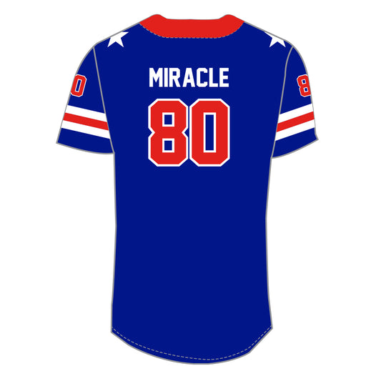 Blue jersey back with red collar white stars on shoulders and number 80 with Miracle text
