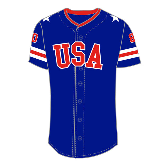 Blue button down baseball jersey with USA text and red and white sleeve stripes