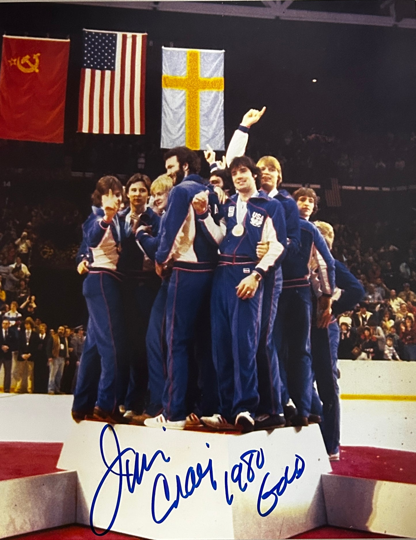 Jim Craig 1980 Gold Signed Photo 8"X10" Miracle on Ice USA Hockey Team on Gold Medal Celebration Podium