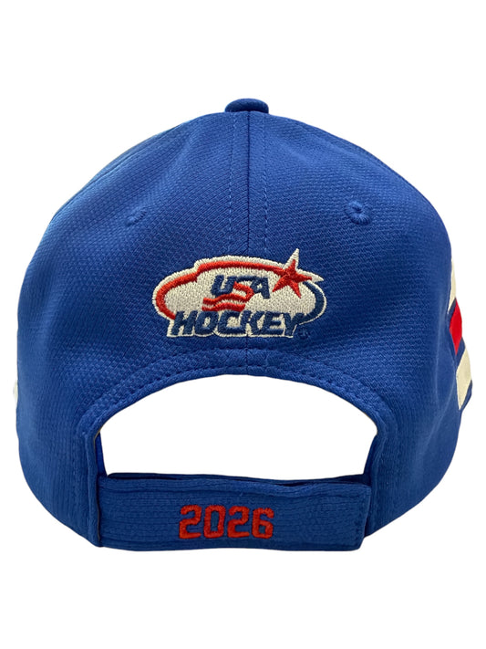 Back view of blue USA Hockey baseball cap with 2026 embroidered on the strap