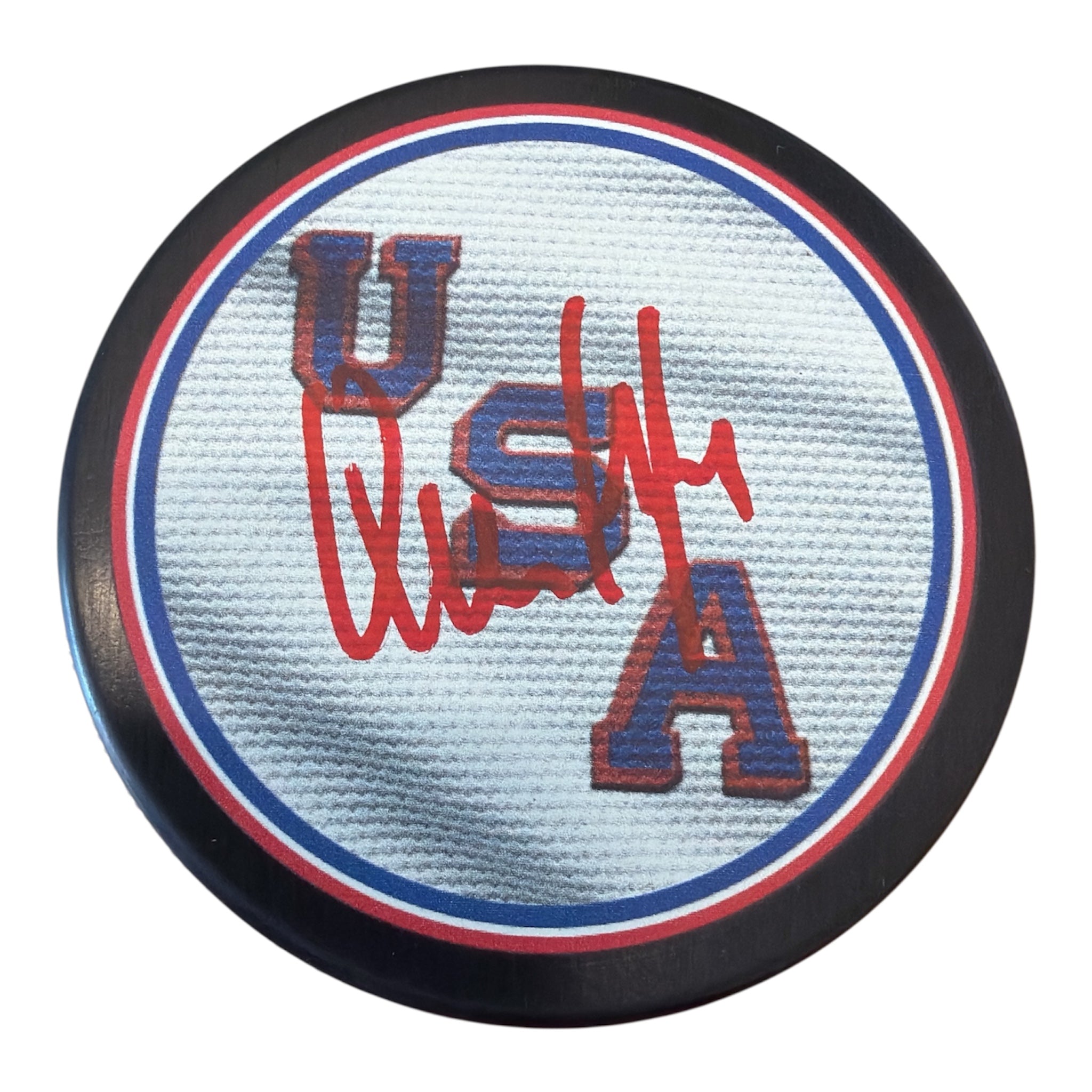 Hockey puck with USA logo and red autograph