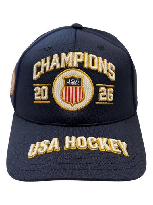 Navy blue USA Hockey 2026 Champions baseball cap with embroidered logo and text