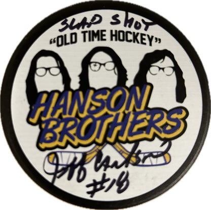 Slap Shot Chiefs Hanson Brothers Hockey Puck Signed by Jeff Carlson  #18