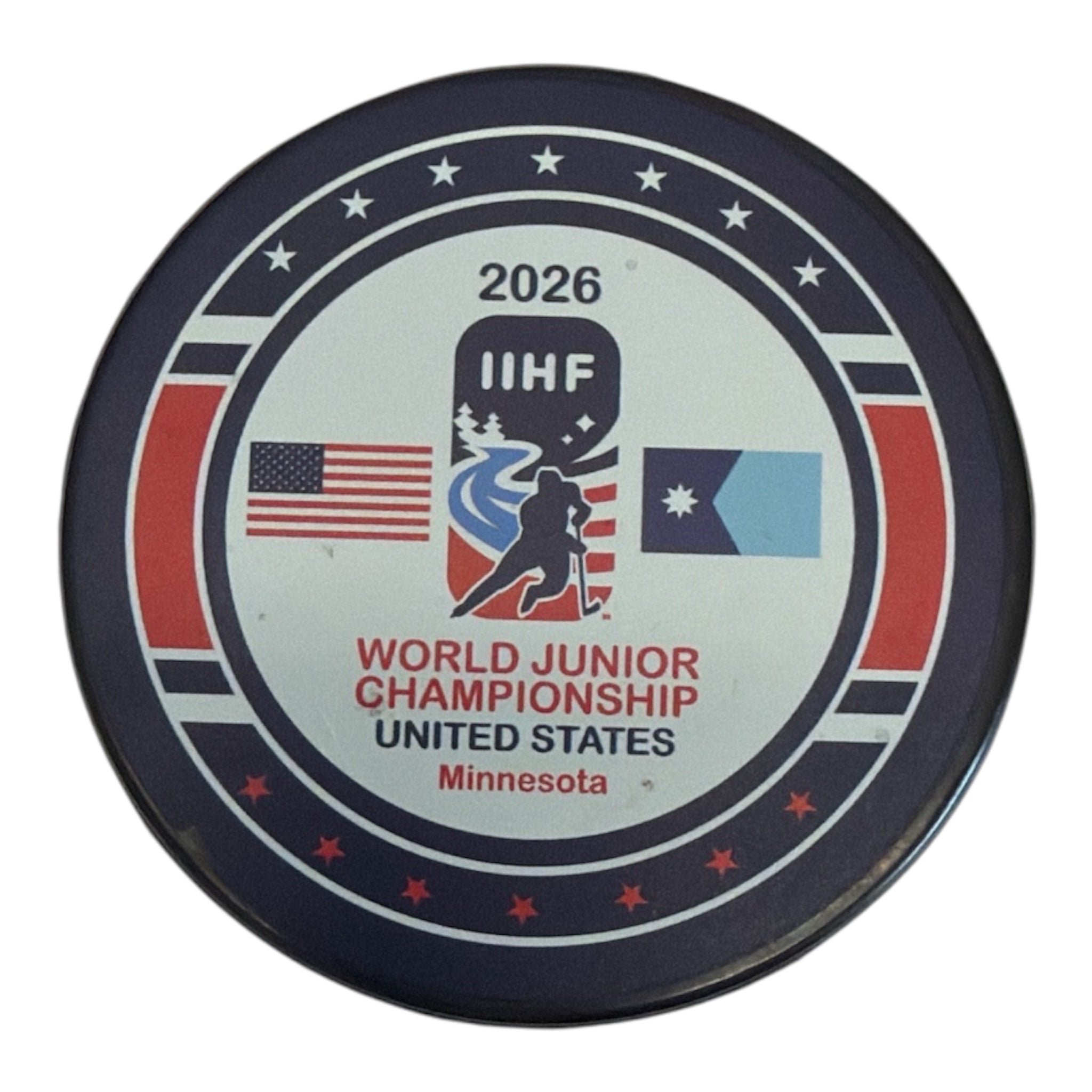 2026 IIHF World Junior Championship hockey puck with US flag and Minnesota state flag