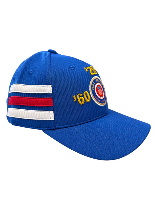 Blue baseball cap with red and white side stripes and embroidered USA Hat Trick logo