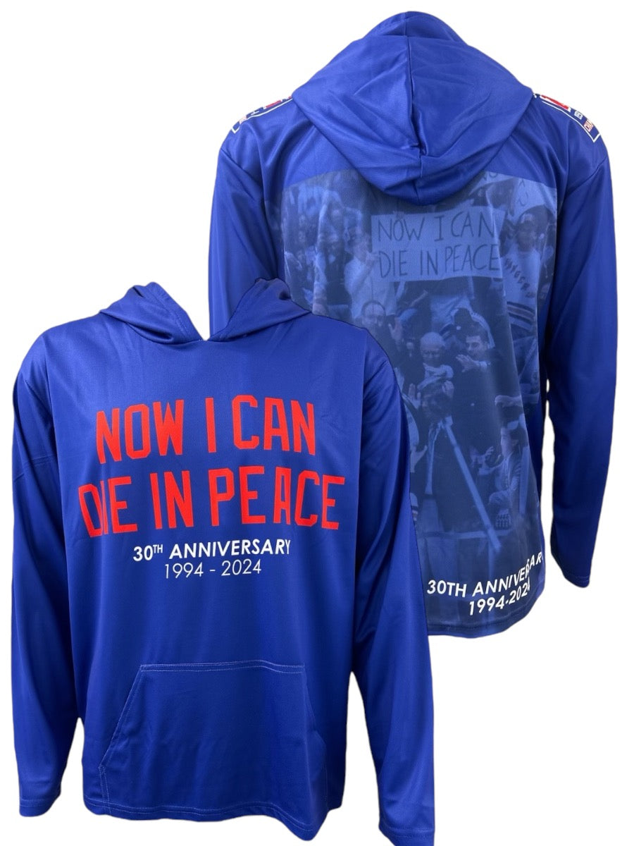 Blue hoodie with Now I Can Die In Peace 30th Anniversary 1994-2024 text and graphic print