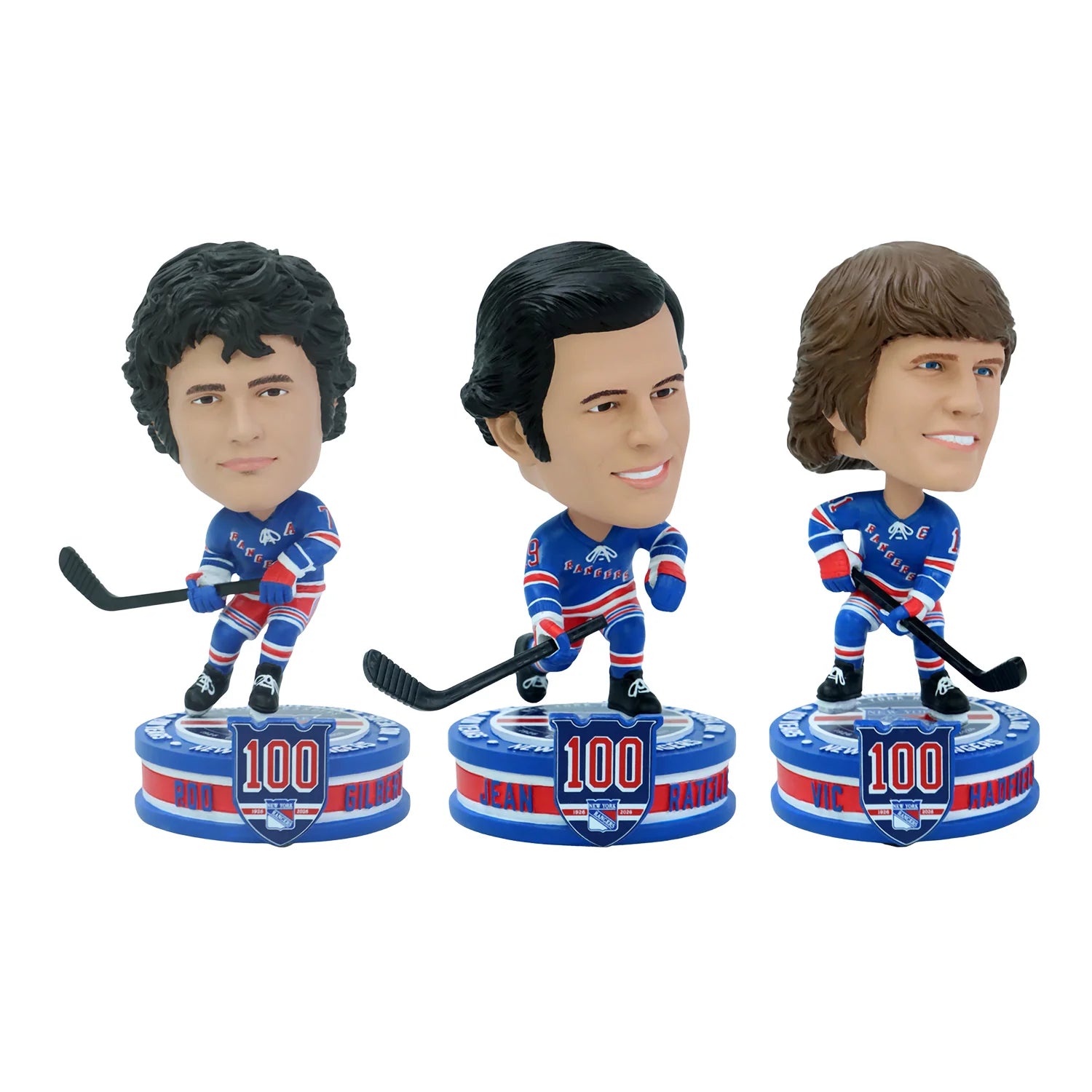 Three New York Rangers hockey player bobbleheads on circular bases with 100 year anniversary logos