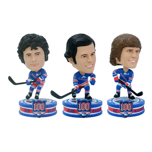 Three New York Rangers hockey player bobbleheads on circular bases with 100 year anniversary logos