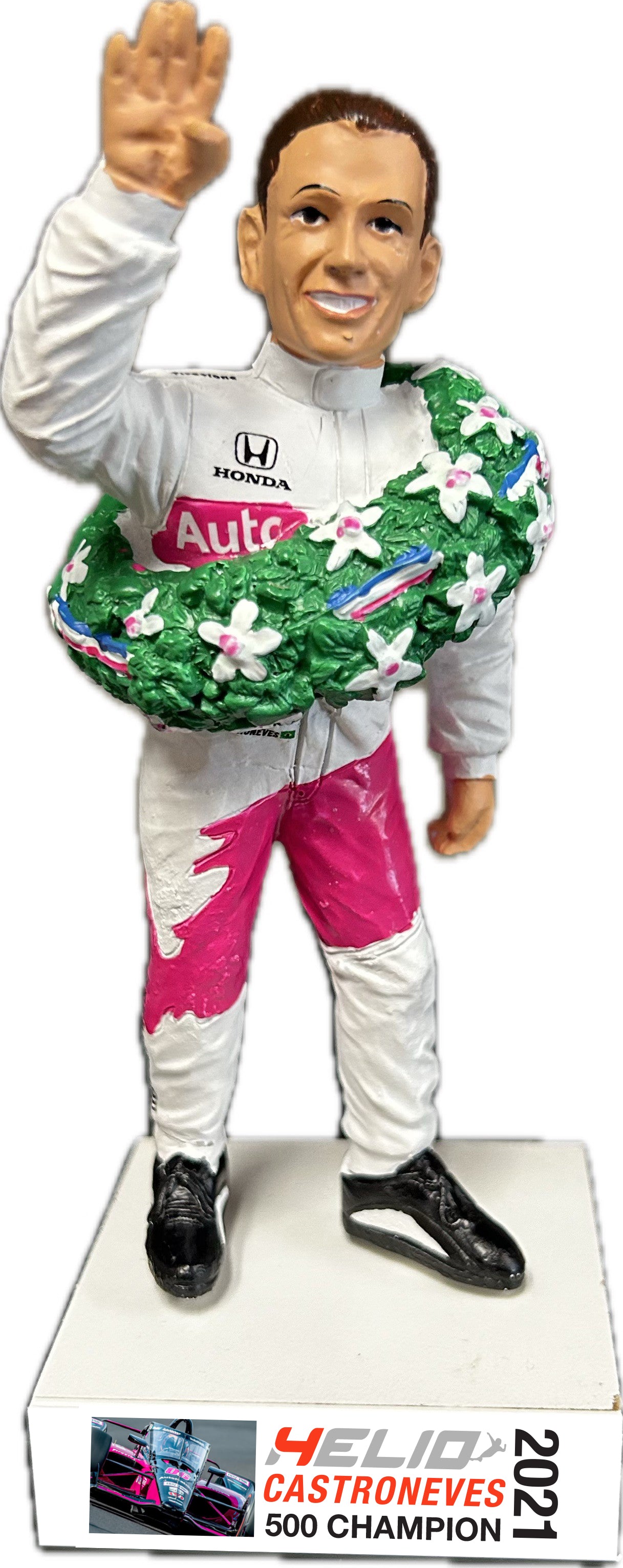 Helio Castroneves racing driver figurine wearing a victory wreath and waving