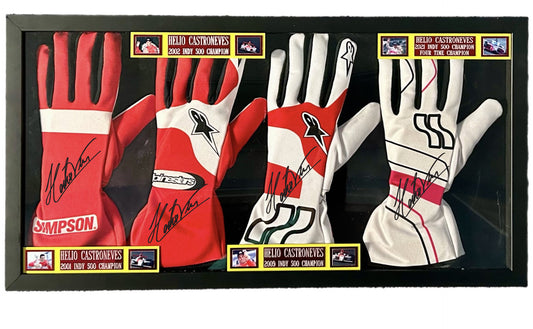 Helio Castroneves Indy 500  4 Time Winner Signed Gloves Set Framed