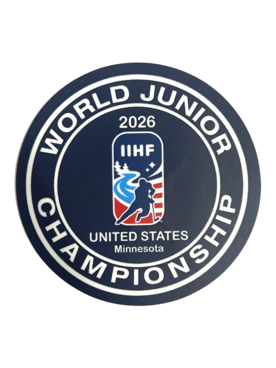 2026 IIHF World Junior Championship logo featuring a hockey player silhouette and Minnesota text
