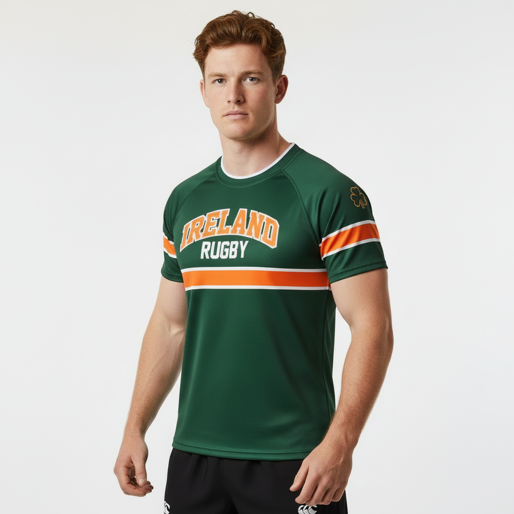 Man wearing a green Ireland rugby t-shirt with orange and white stripes