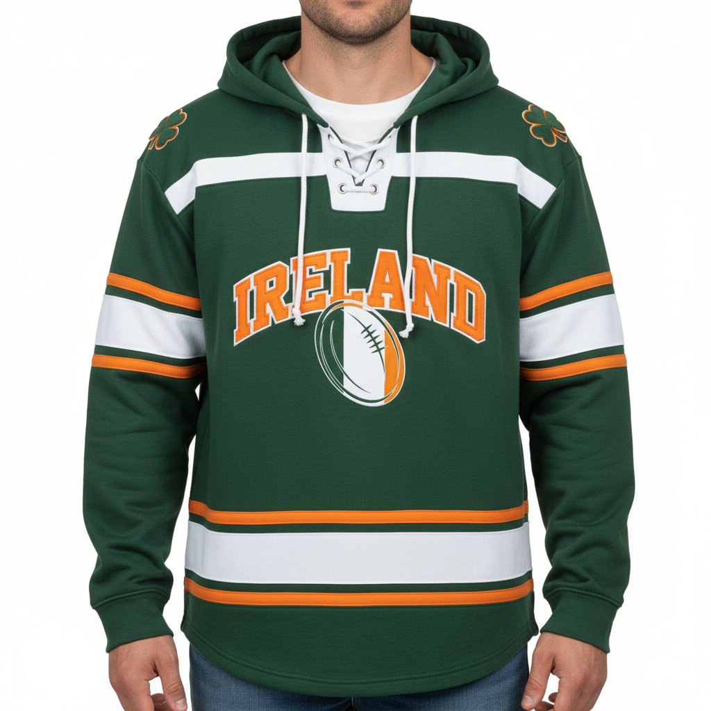 Green hockey style hoodie with Ireland text and rugby ball graphic