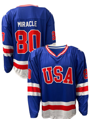 Blue USA hockey jersey with Miracle 80 on the back and USA on the front