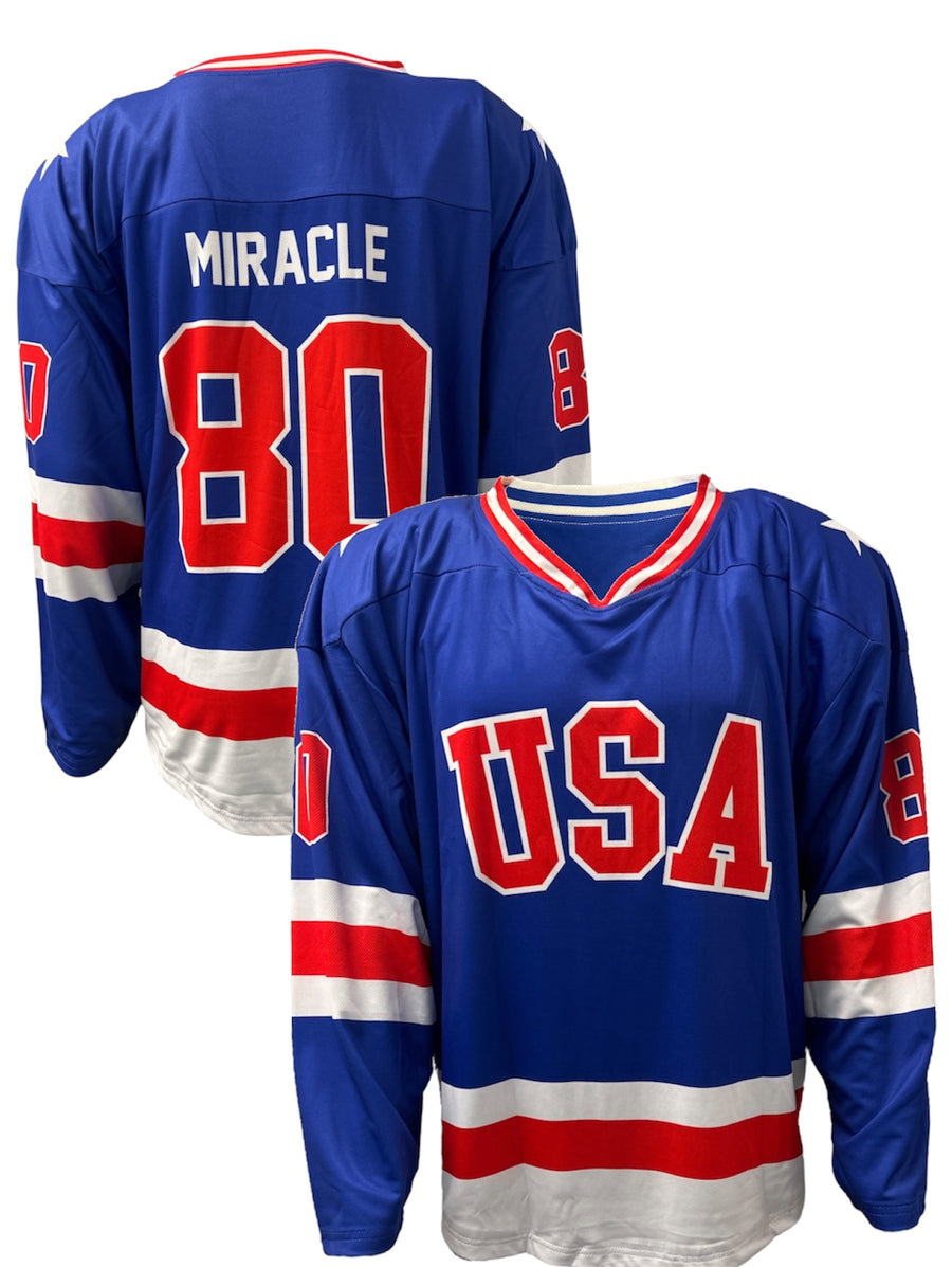 Blue USA hockey jersey with Miracle 80 on the back and USA on the front