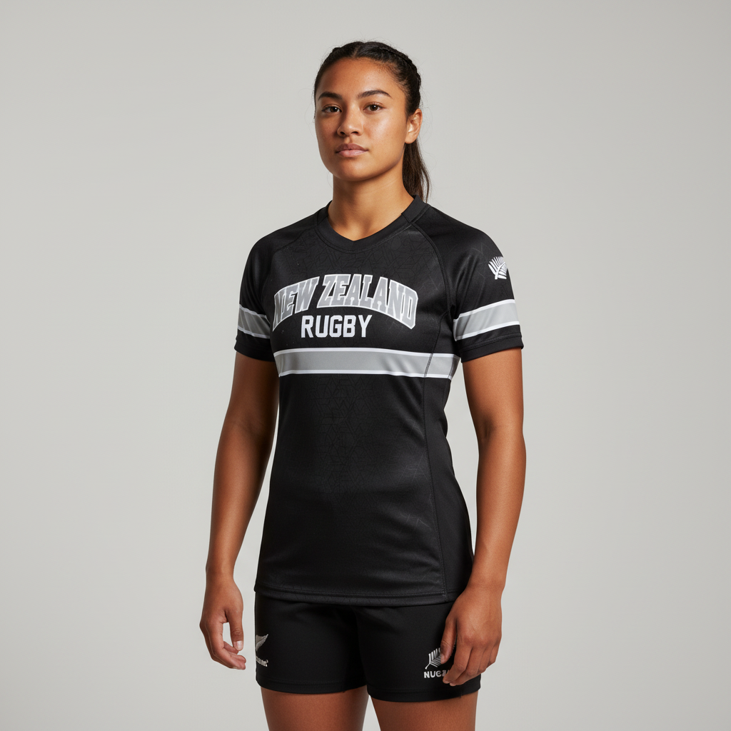 Female athlete wearing a black New Zealand Rugby jersey and shorts