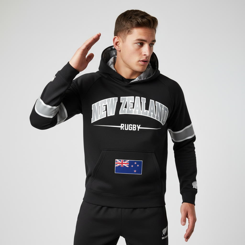 Man wearing a black New Zealand rugby hoodie with a New Zealand flag patch on the front pocket