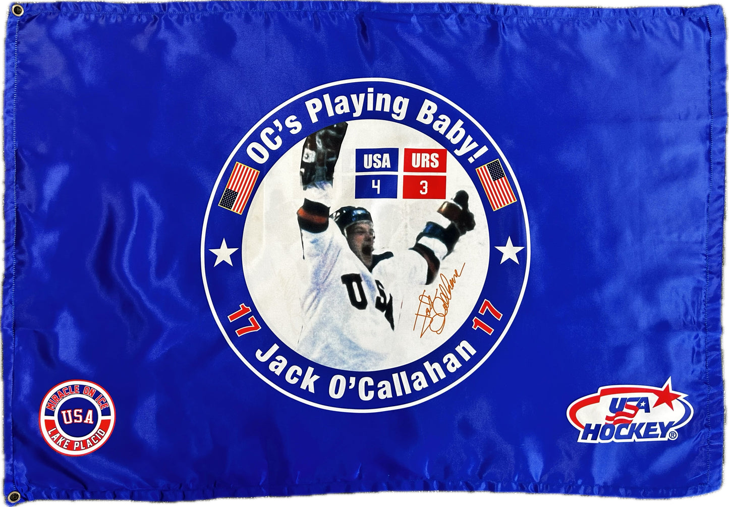 Jack O'Callahan Officially licensed Miracle on Ice 1980 "O.C. is playing, baby!" Flag Size: 24" Tall X 36" Long