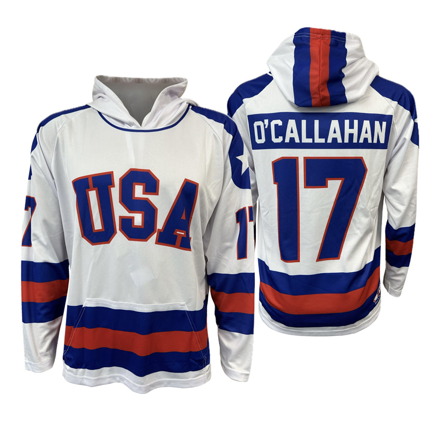 White USA hockey hoodie with OCallahan 17 on the back