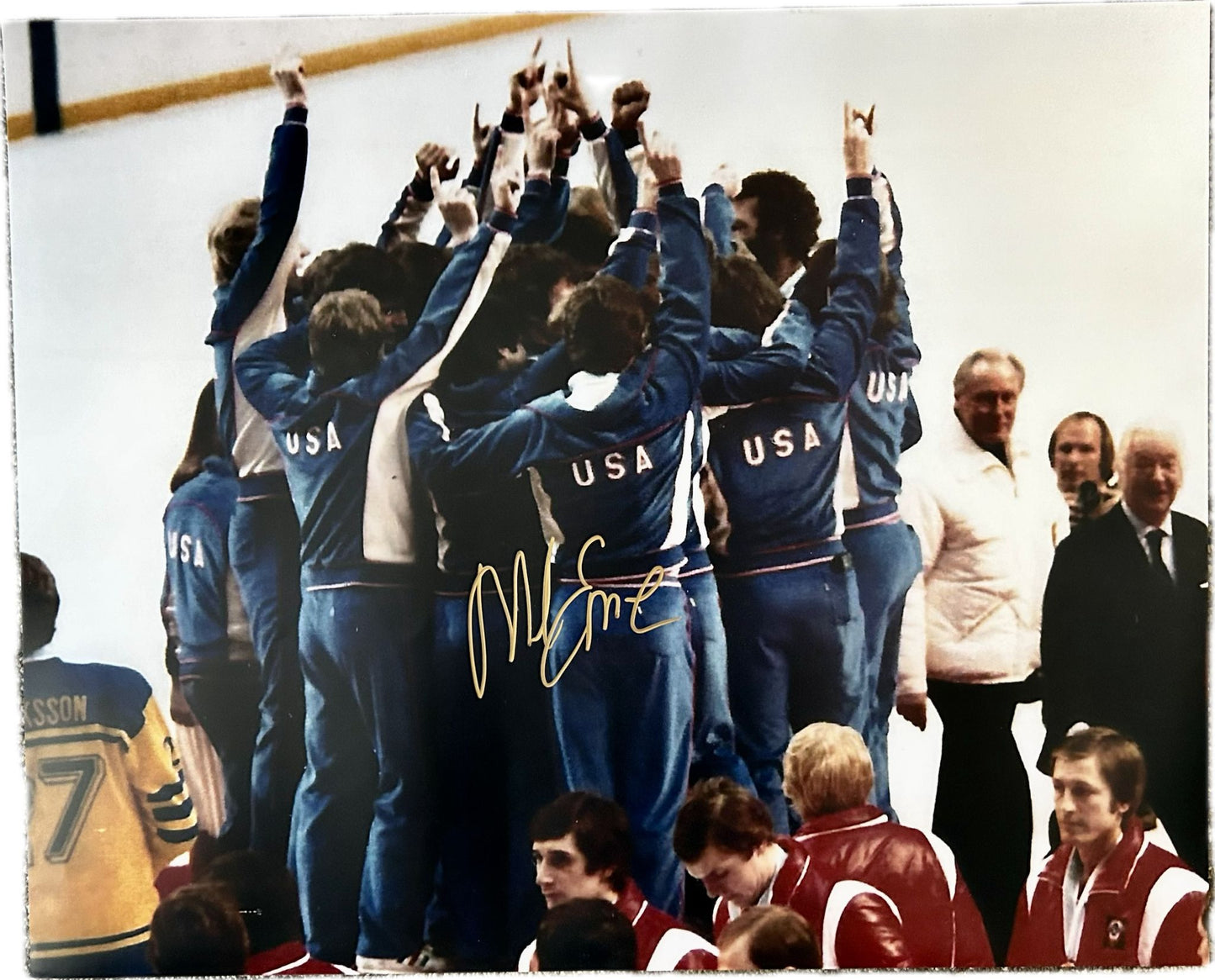 Mike Eruzione Miracle on Ice 1980 USA Hockey Team Hand Signed Photo 13x18 Lake Placid Gold Medal Podium Celebration Official