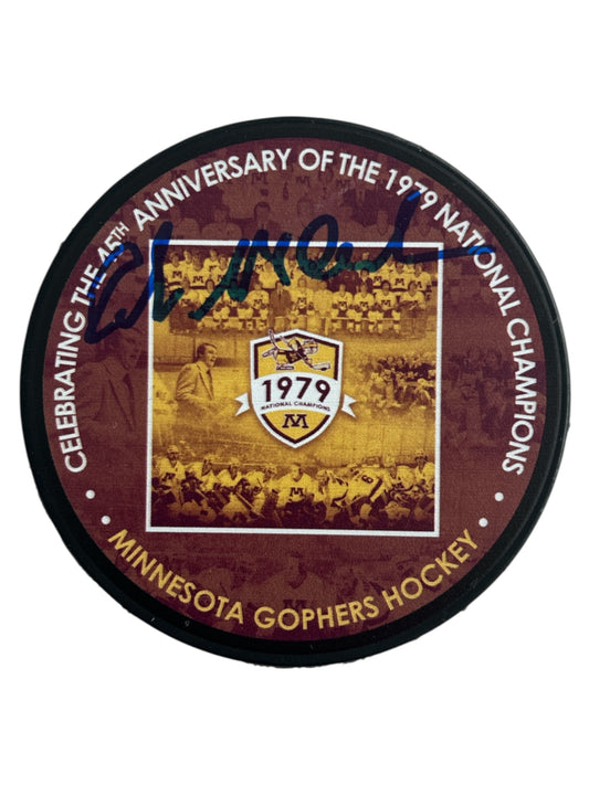 Rob McClanahan Minnesota Golden Gophers National Champs 1979 45th Anniversary License Hockey Puck - Signed