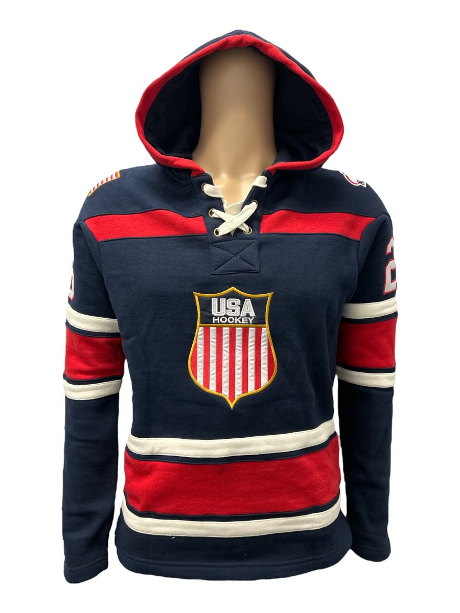 USA Hockey Shield Logo Official Embroidered Navy Performance Lace Hoodie