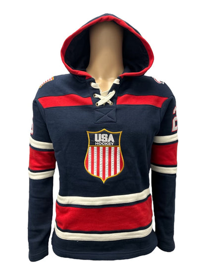 USA Hockey Shield Logo Official Embroidered Navy Performance Lace Hoodie