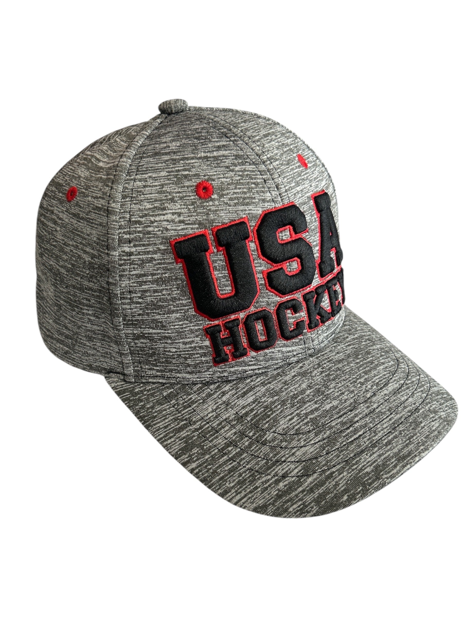 Grey heathered baseball cap with USA Hockey embroidered in black and red