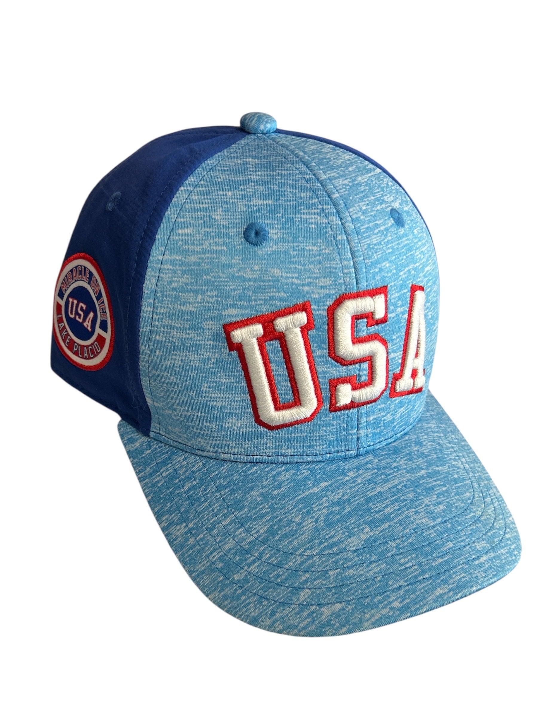 Blue and light blue heathered baseball cap with USA embroidery and Miracle on Ice patch