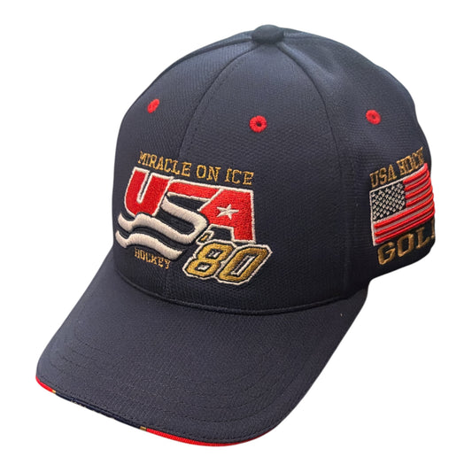 Navy blue baseball cap with Miracle on Ice USA Hockey 80 embroidery and American flag side patch