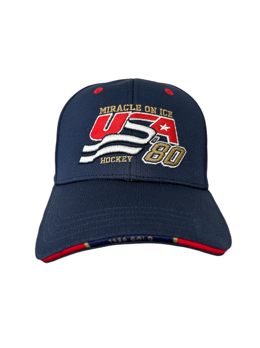 Navy blue baseball cap with Miracle on Ice USA Hockey 80 embroidery