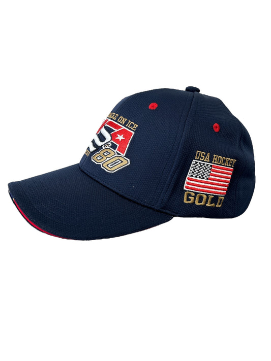 Navy blue baseball cap with USA Hockey 1980 Miracle on Ice embroidery and American flag patch