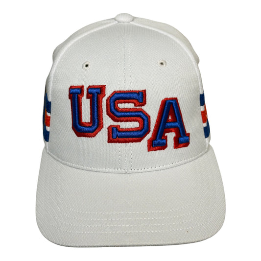 A white baseball cap featuring 'USA' embroidered in blue with a red outline on the front, with small American flag motifs on the sides.