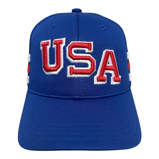 A royal blue baseball cap featuring 'USA' embroidered in red and white on the front, with small red and white flag details on the side panels, shown against a plain white background.