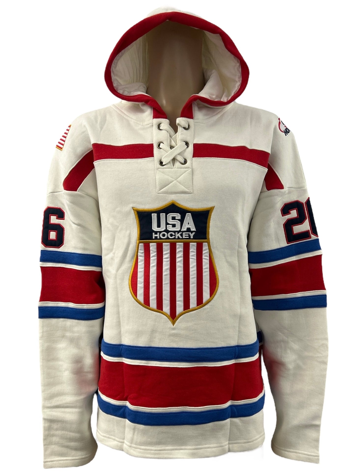 USA Hockey Shield Logo Official Embroidered Performance Vintage White Lace Hoodie