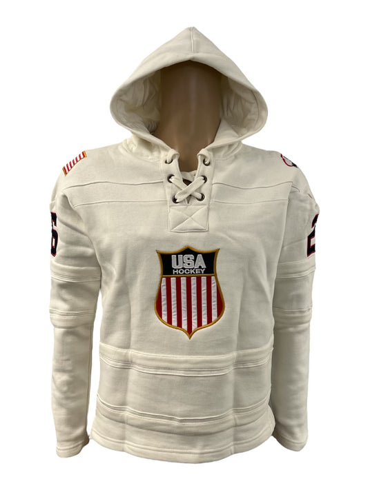 USA Hockey Shield Logo Official Embroidered  Vintage White Lace Hoodie