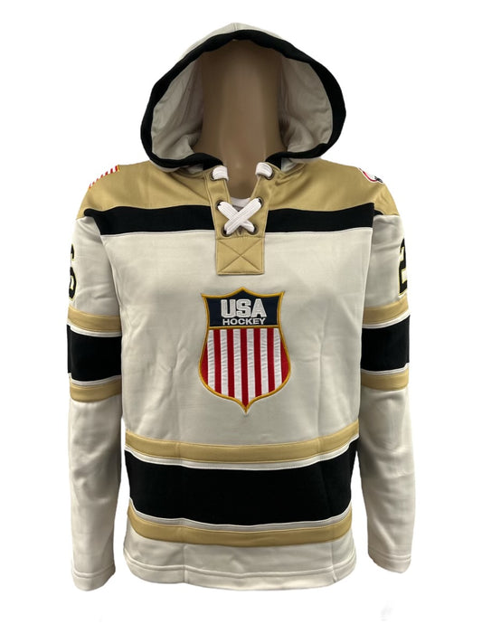 USA Hockey Shield Logo Official Embroidered Vintage Look White Lace Hoodie
