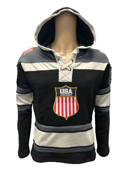 USA Hockey Shield Logo Official Embroidered Vintage Look Black Lace Hoodie