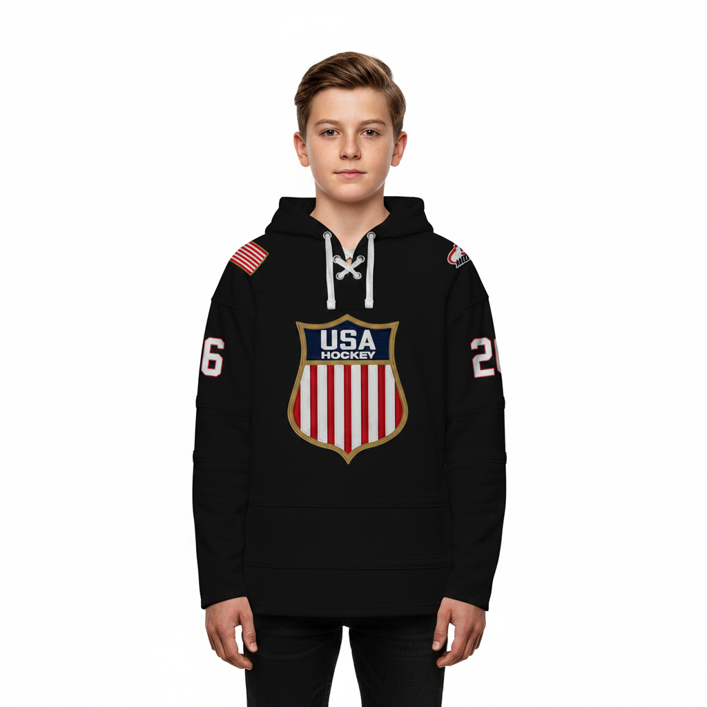 【BLACK】Lace up hockey hoodie 9801 12 oz. Unisex Hockey Lace-Up Pullover Hoodie Sweatshirt