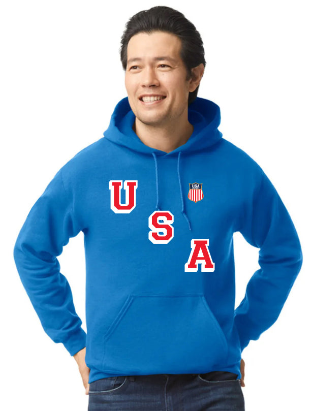 Man wearing a blue hooded sweatshirt with USA lettering and a USA Hockey logo