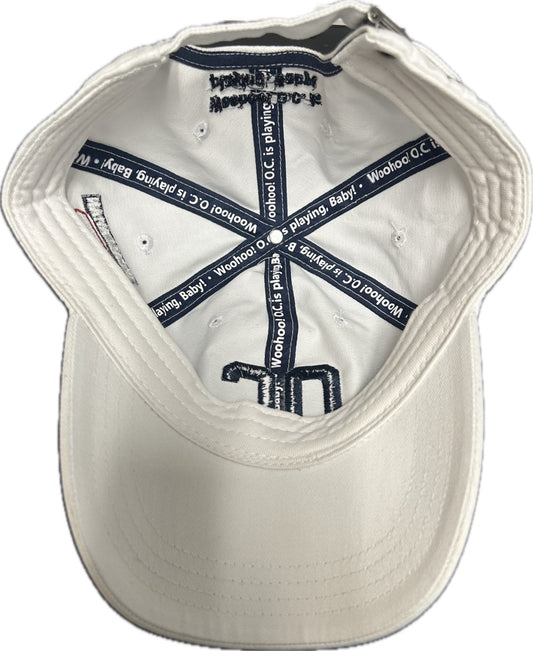 Interior view of a white baseball cap with branded seam tape