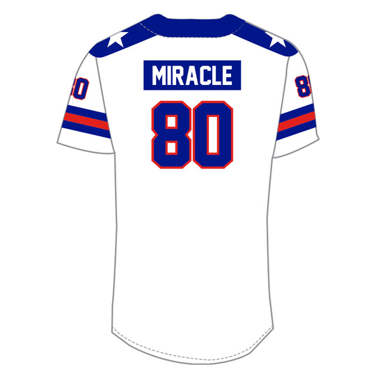 White sports jersey with blue and red details featuring the name Miracle and number 80 on the back