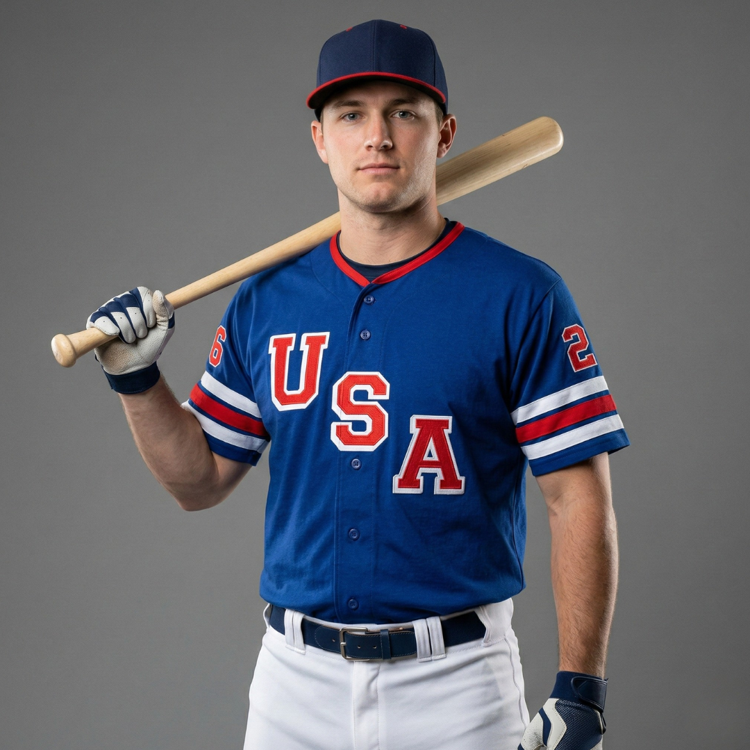 Baseball player wearing a blue USA jersey and cap holding a wooden bat over his shoulder