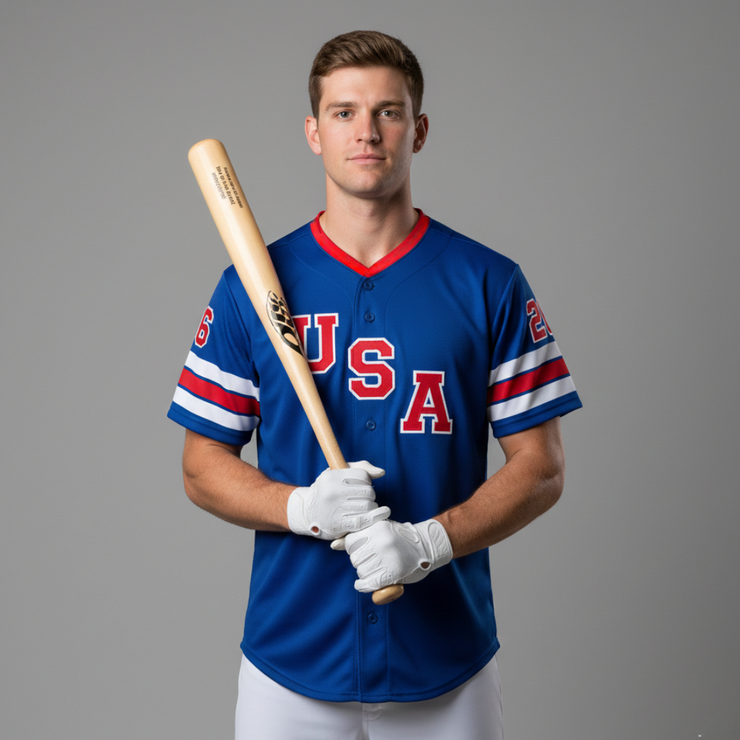 Baseball player in blue USA jersey holding a wooden bat