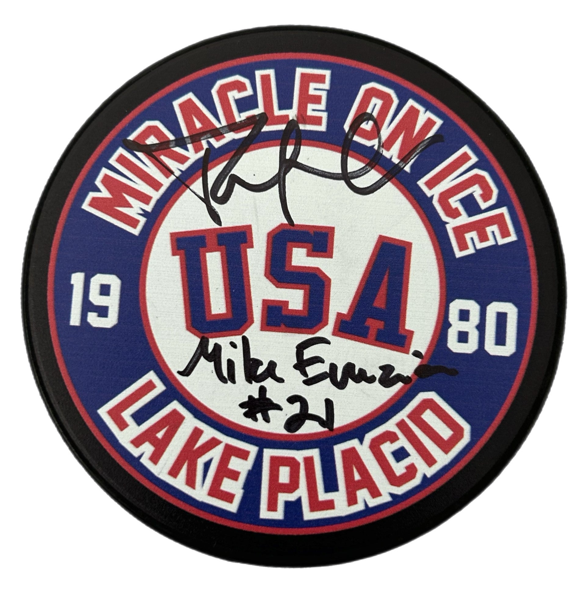 Miracle on Ice 1980 Lake Placid Puck Signed by Patrick O’Brien Demsey ( Mike Eruzione #21 )