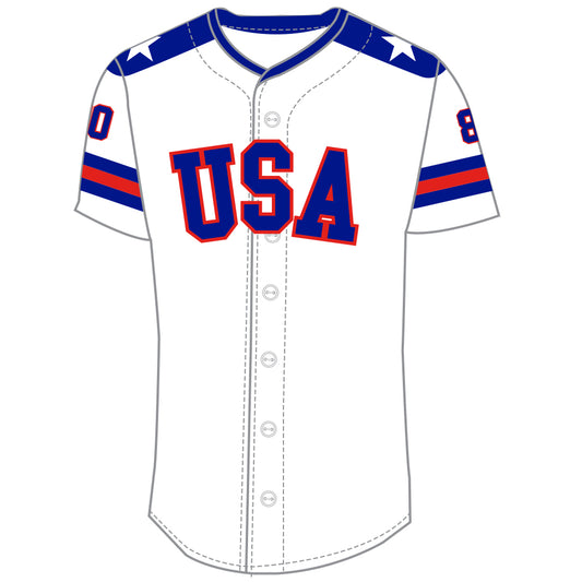 White baseball jersey with USA lettering and blue and red sleeve stripes
